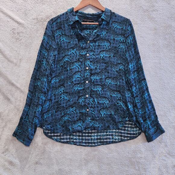 Jane And Delancey Blue Zabra Gingham Print Button Up Blouse Size Large Beach - Picture 1 of 10